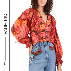 ORIG. MSRP $180 🍃 NWT Farm Rio Spring Bananas Puff-Sleeve Top Size L🍃QUICKSHIP